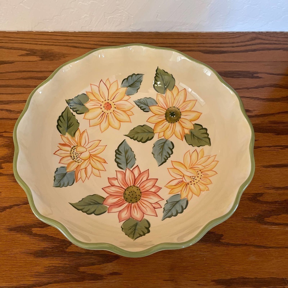 Longaberger Sunflower Pottery Large Serving Bowl with Sage Edge - Picture 2 of 5